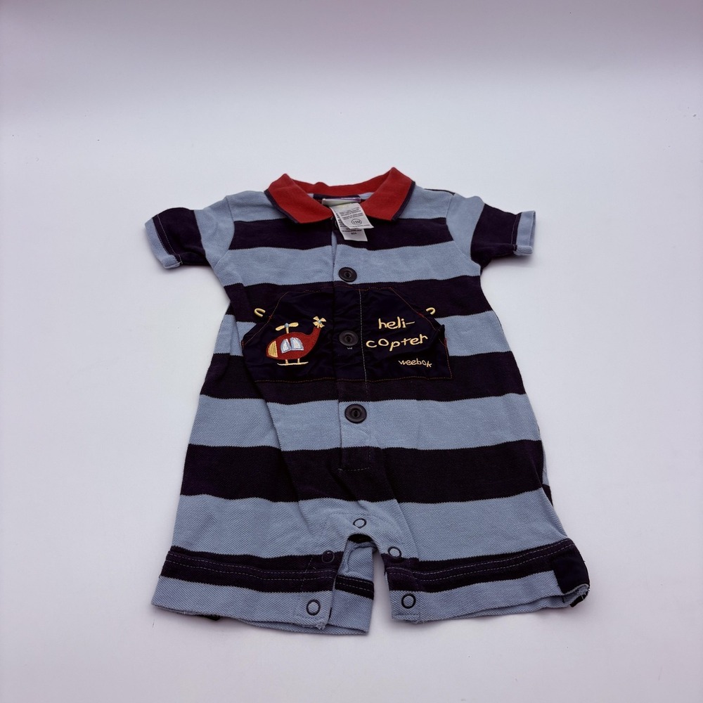 Weebok Romper Boys 12M Blue Striped Helicopter Pocket Collared Knit One Piece